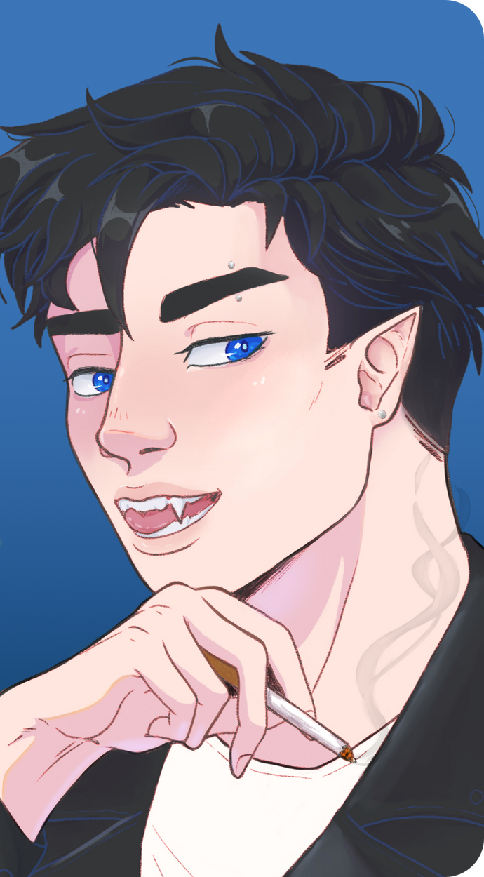 A bust of a pale, blue-eyed vampire male running his tongue along his teeth against a blue background.